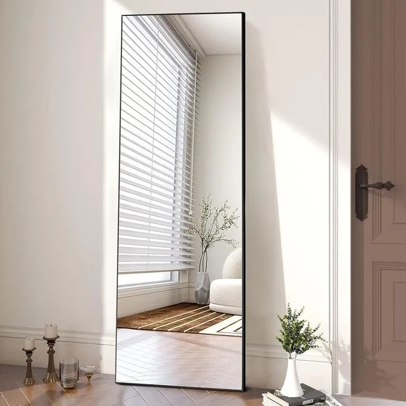 64"x21", Full Body Mirror with Stand, Hanging or Leaning for Wall, Aluminum Alloy Thin Frame Floor Standing for Living Room