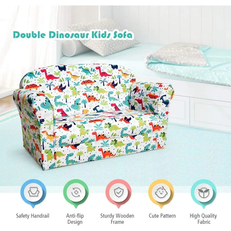 Kids Sofa, Double Seat Children's Sofa w/Dinosaur Pattern, Toddler Furniture Armrest Chair for Bedroom, Living Room