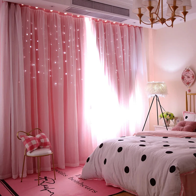 1Pc/2Pcs Girls Double Layer Hollow Out Stars Curtains Princess Romantic Bedroom Decor