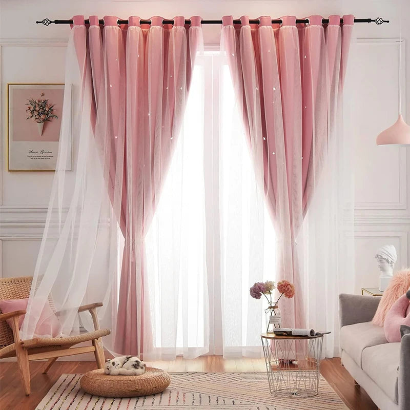 1Pc/2Pcs Girls Double Layer Hollow Out Stars Curtains Princess Romantic Bedroom Decor