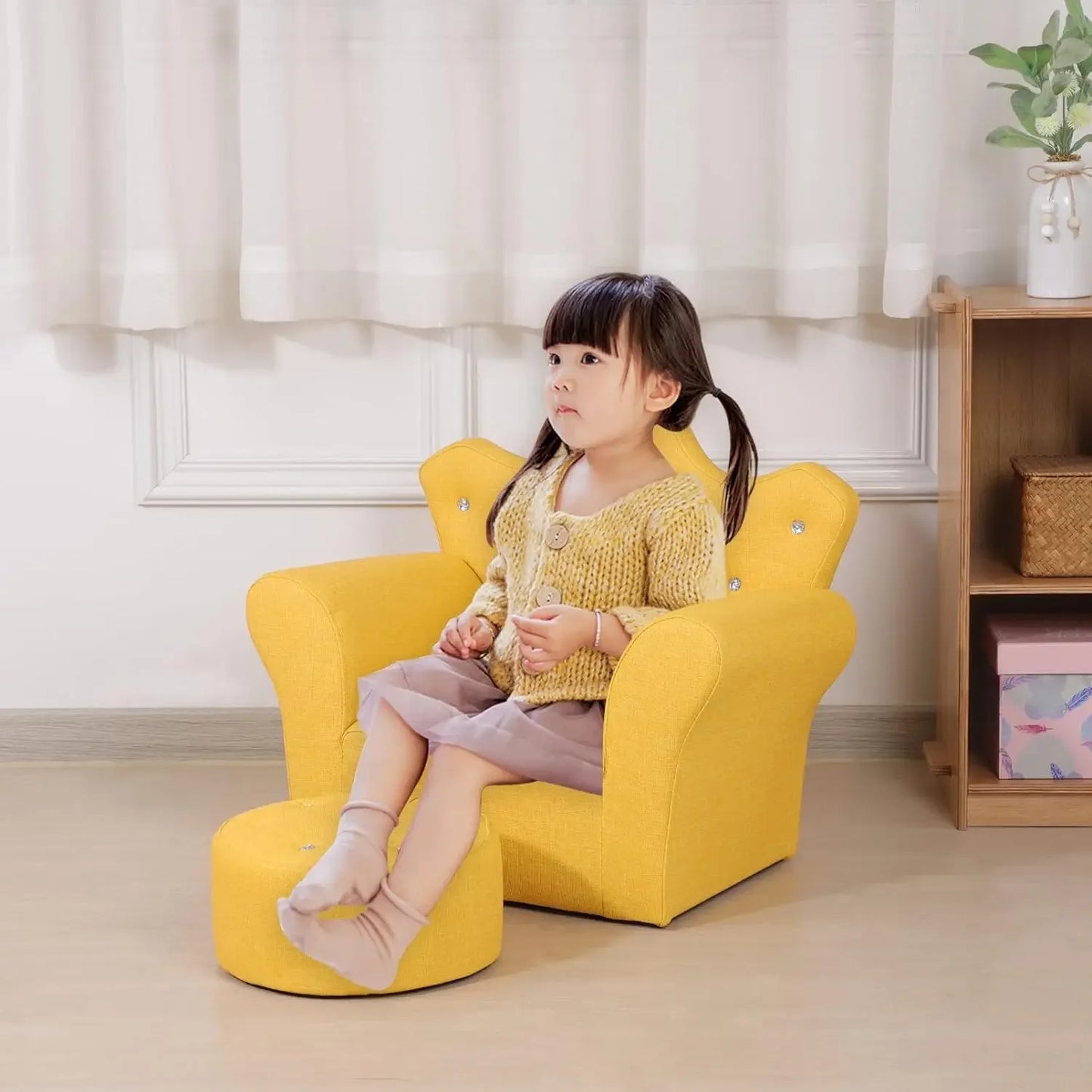 Kids Sofa Chair with Ottoman Set, PVC Leather Kids Armchair with Footstool, Small Toddler Couch Couch with Wooden Frame for