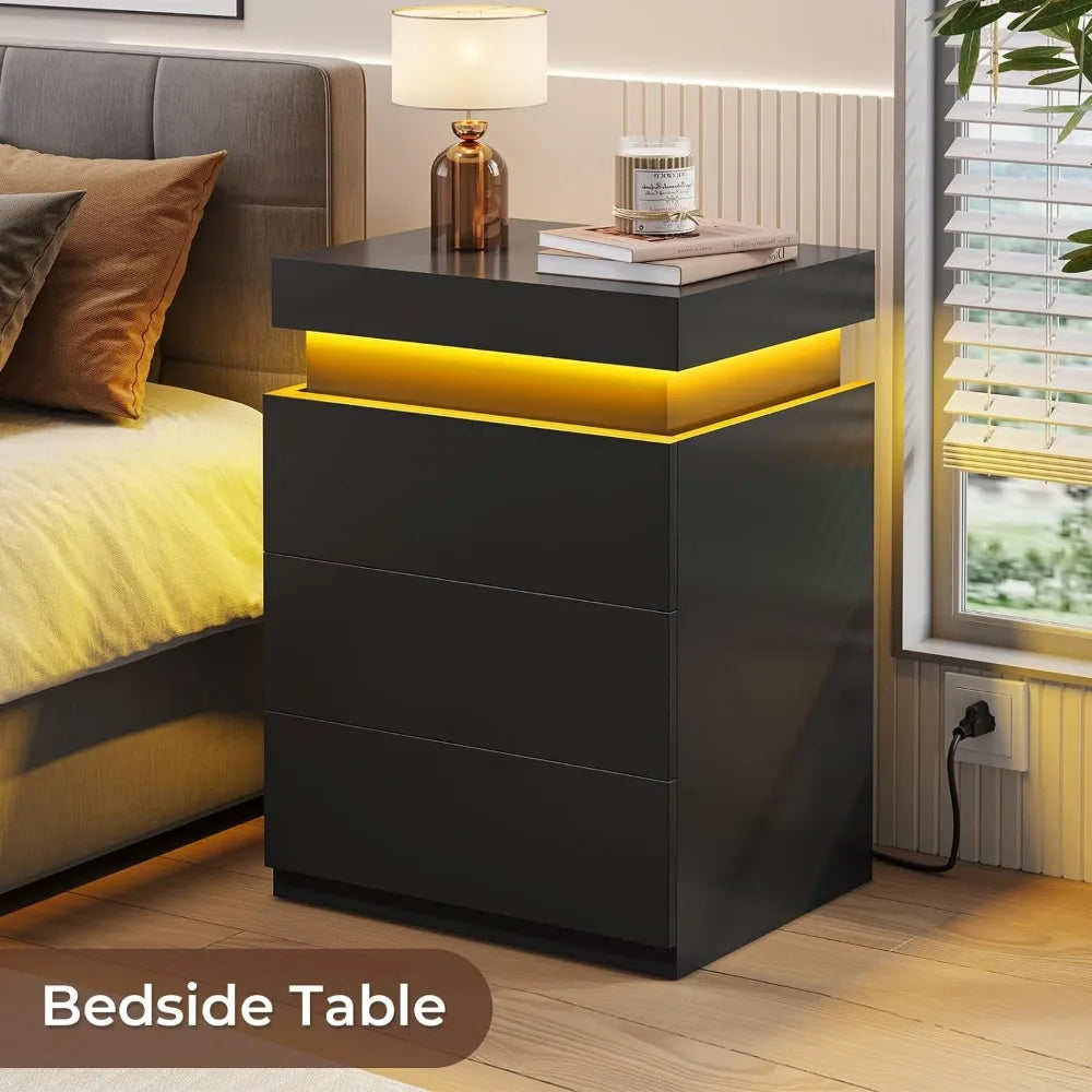 LED Nightstands Set of 2, Nightstand with Charging Station and Sliding Top,Bedside Table Night Stand for Bedroom Set of 2