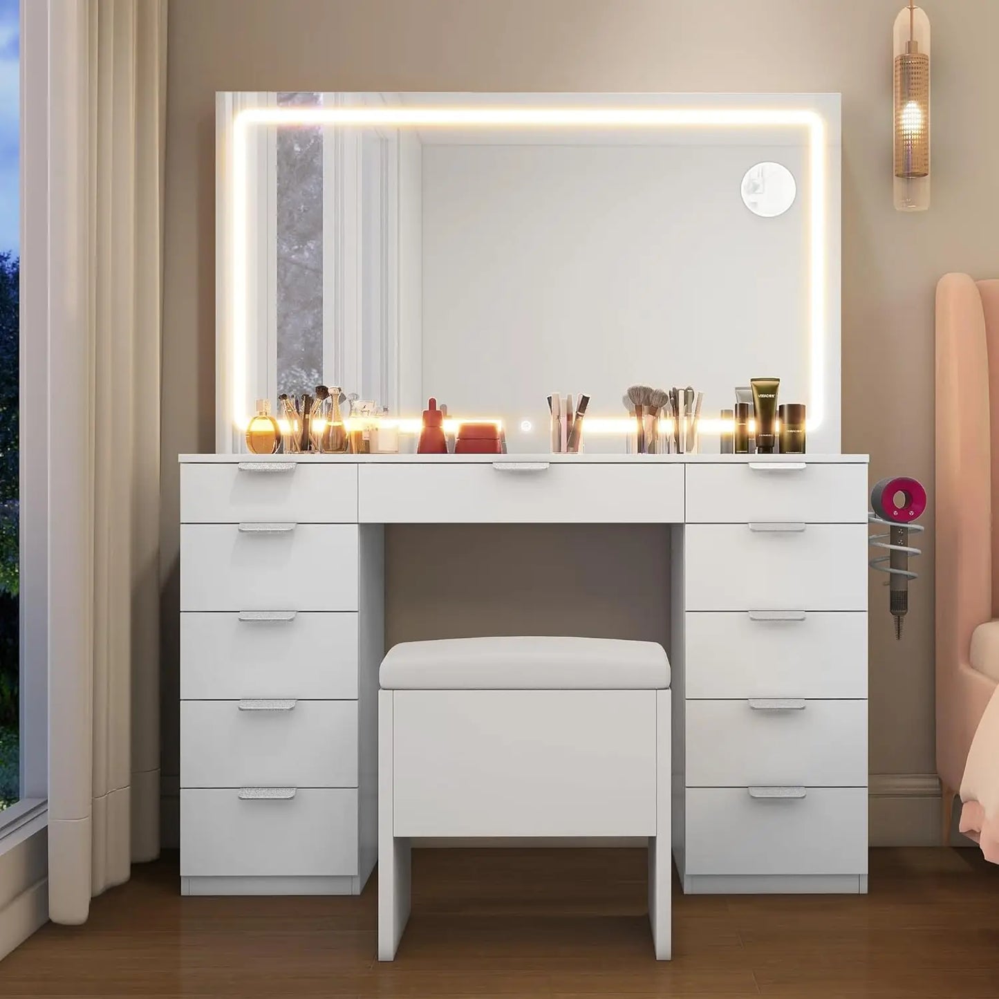 Vanity Desk Set with LED Lighted Mirror Glass Tabletop 11 Drawers Power Strip Hair Dryer Rack and Storage Stool for Bedroom