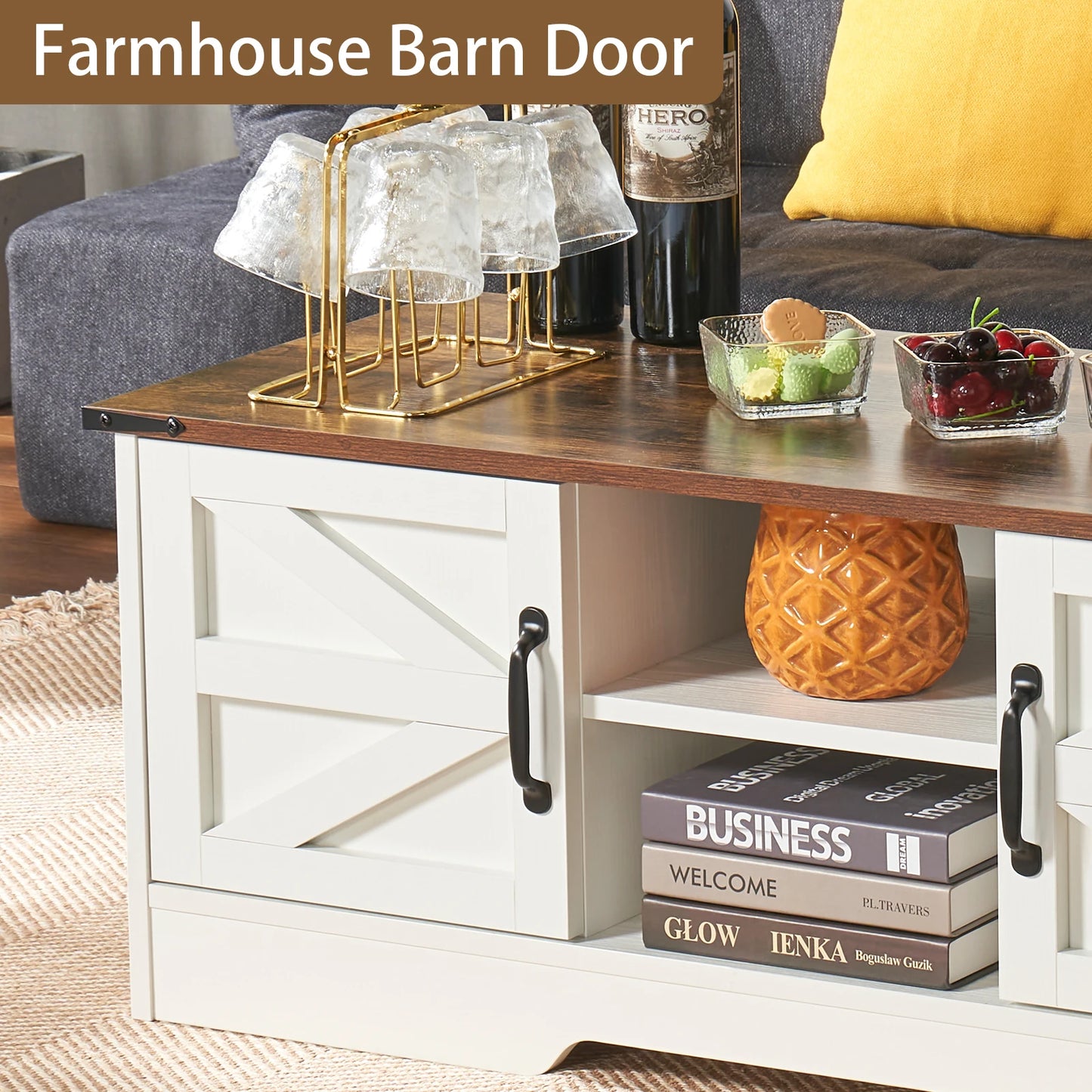 Coffee Table With Barn Doors, Farmhouse Center Table With Storage, Modern Rustic Style Wooden Living Room Table, White