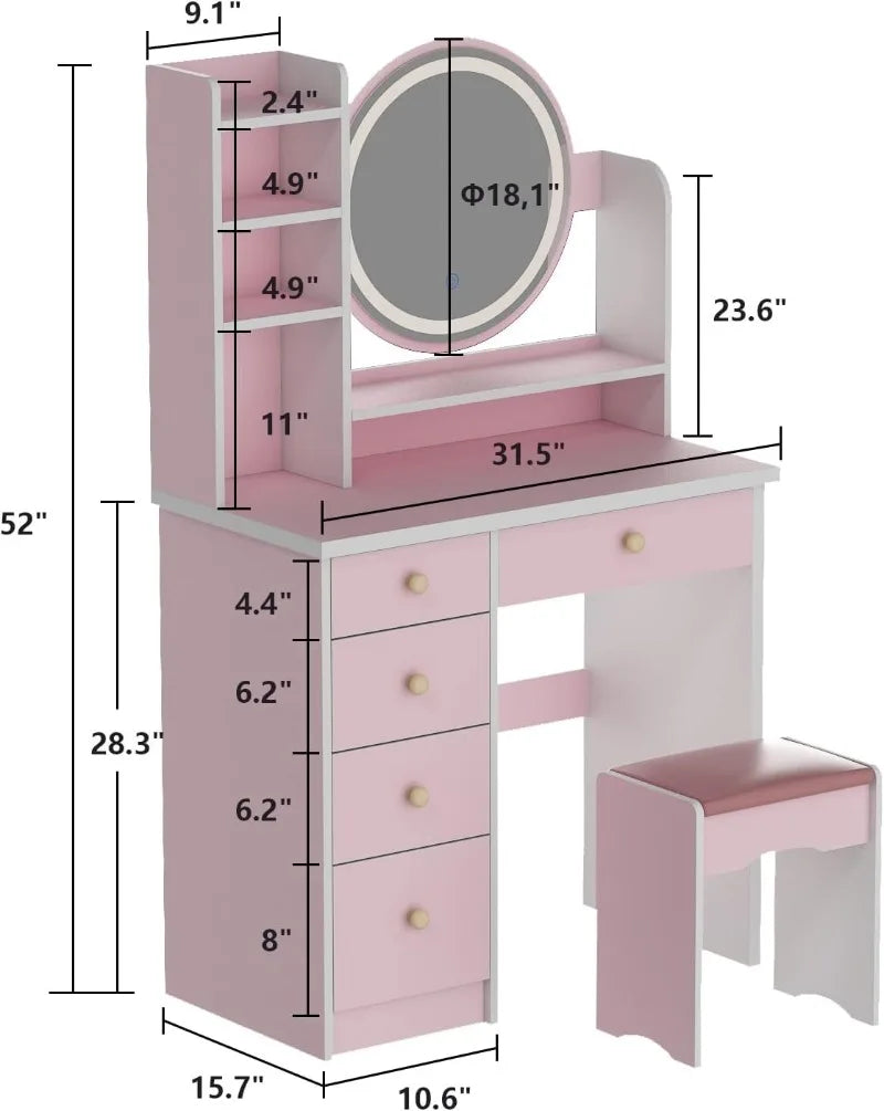 Vanity Desk Set with LED Lighted Round Mirror,Makeup Dressing Table with 5 Drawers,Storage Shelves & Cushioned Stool for Bedroom