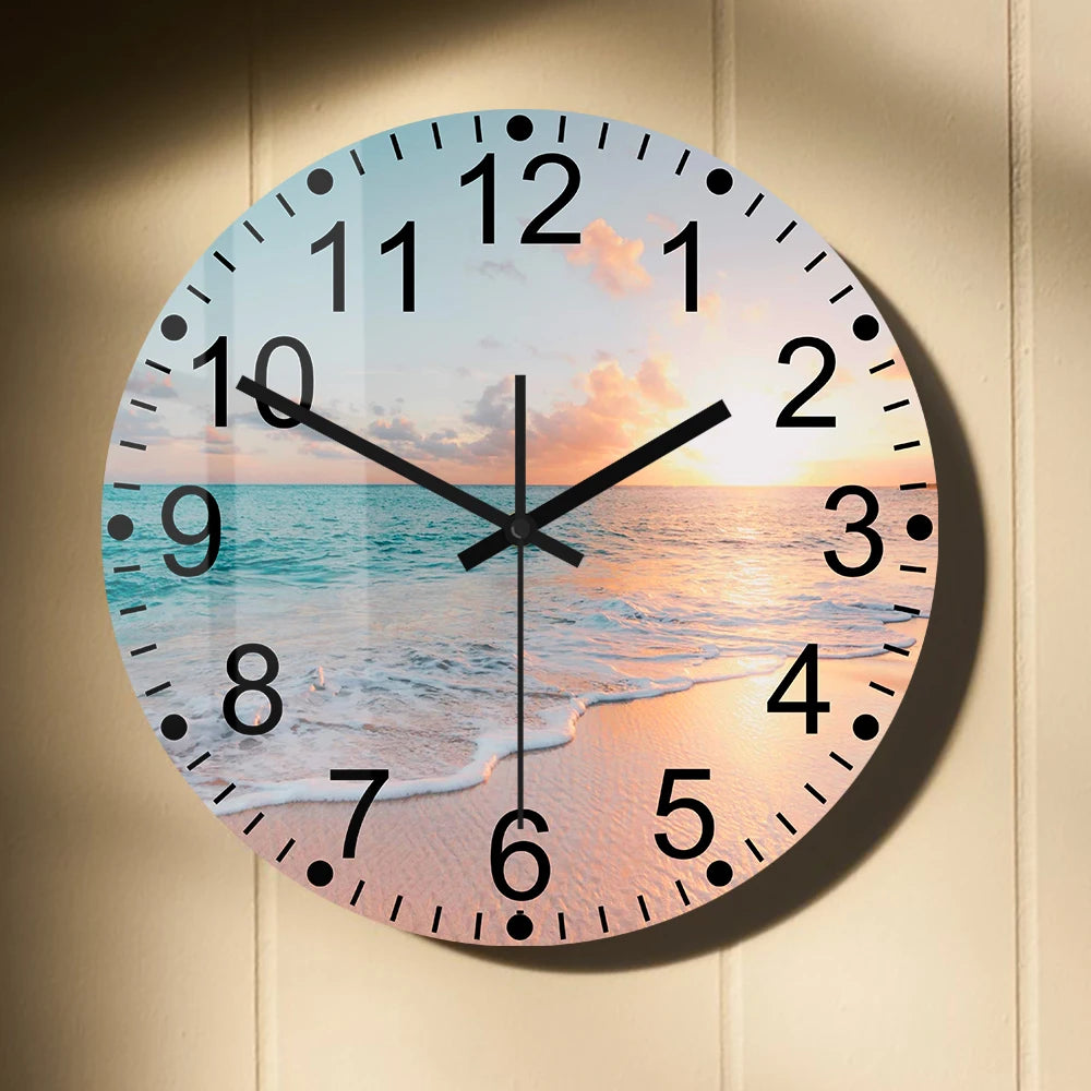 Beach Sunset Ocean Waves Printed Wall Clock For Living Room Tropical Sea Nature Scenery Home Decor Watch Silent Quartz Clock