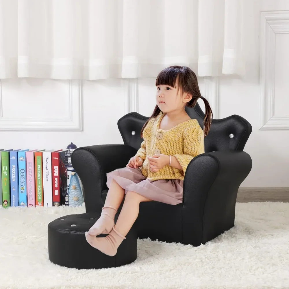 Kids Sofa Chair with Ottoman Set, PVC Leather Kids Armchair with Footstool, Small Toddler Couch Couch with Wooden Frame for