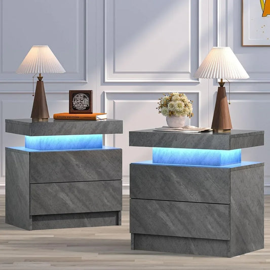 Stand Set of 2 Bedside Tables with 2 Drawers Modern LED End Side Tables Bedroom Nightstands