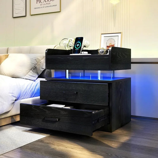 LED Nightstand with Voice-Activated Mode, Acrylic Float Nightstand with Charging Station, Side Table End Table with 2 Drawers