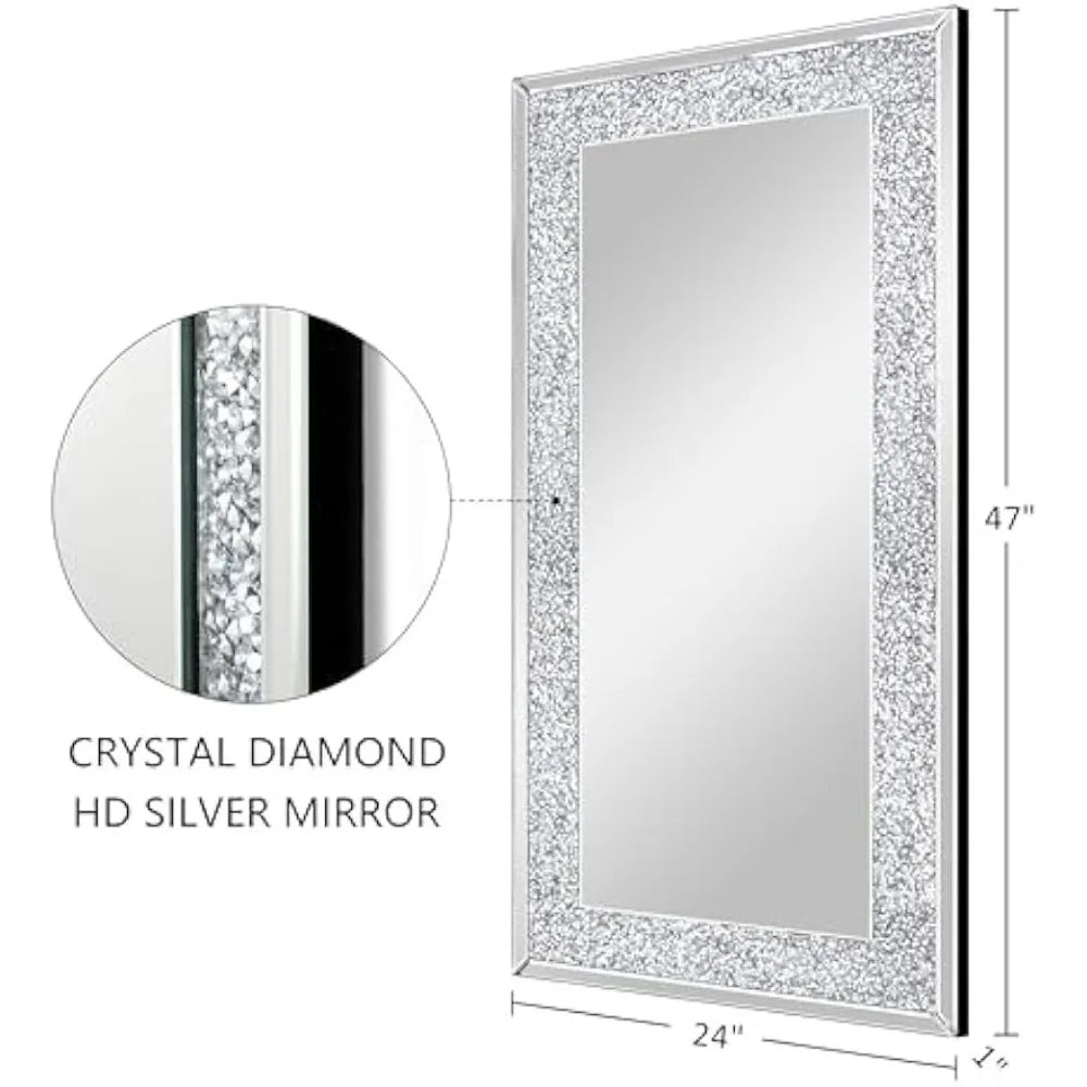 47 x 24 Inch Crush Crystal & Diamond Wall Mirror, Gorgeous Rectangle Mirror for Wall Bathroom, Bedroom & Living Room, Silver