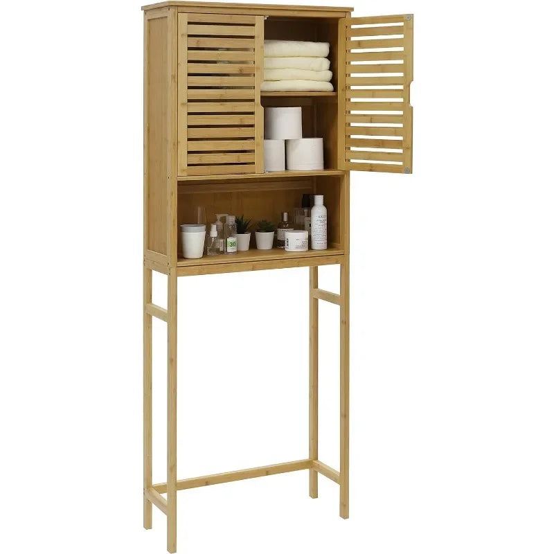 Bathroom Over-The-Toilet Storage Cabinet with Doors and Shelves, , Natural Wood