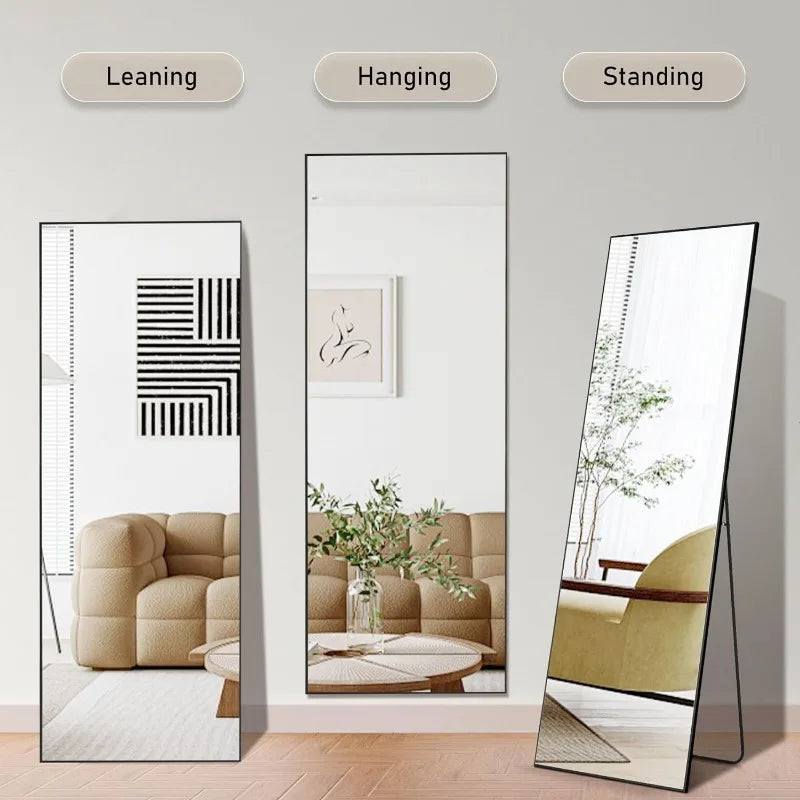 64"x21", Full Body Mirror with Stand, Hanging or Leaning for Wall, Aluminum Alloy Thin Frame Floor Standing for Living Room