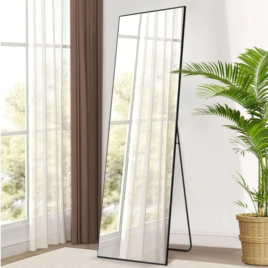 64"x21", Full Body Mirror with Stand, Hanging or Leaning for Wall, Aluminum Alloy Thin Frame Floor Standing for Living Room