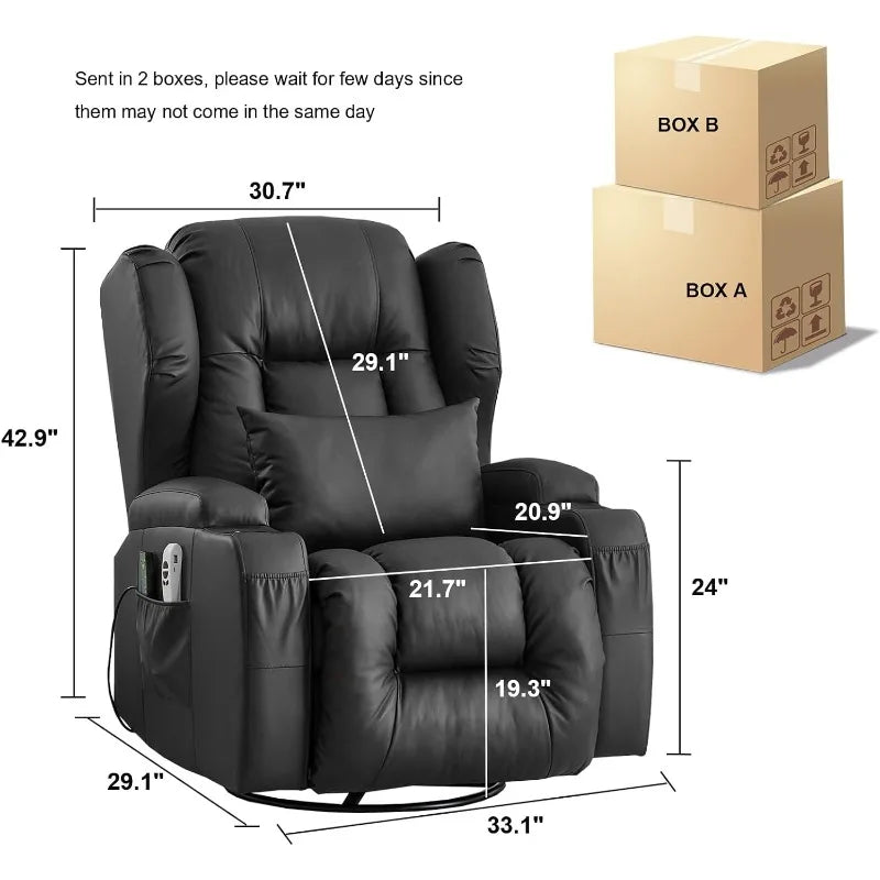 Power Recliner Chair, Faux Leather Swivel Rocking Chair with Vibrating Massage and Heating Nursery Glider Chair