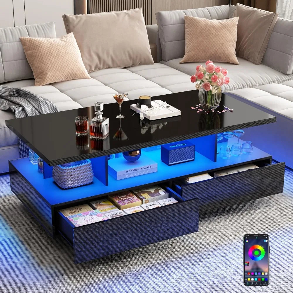 LED Coffee Table with 2 Storage Drawers and High Glossy Modern Table