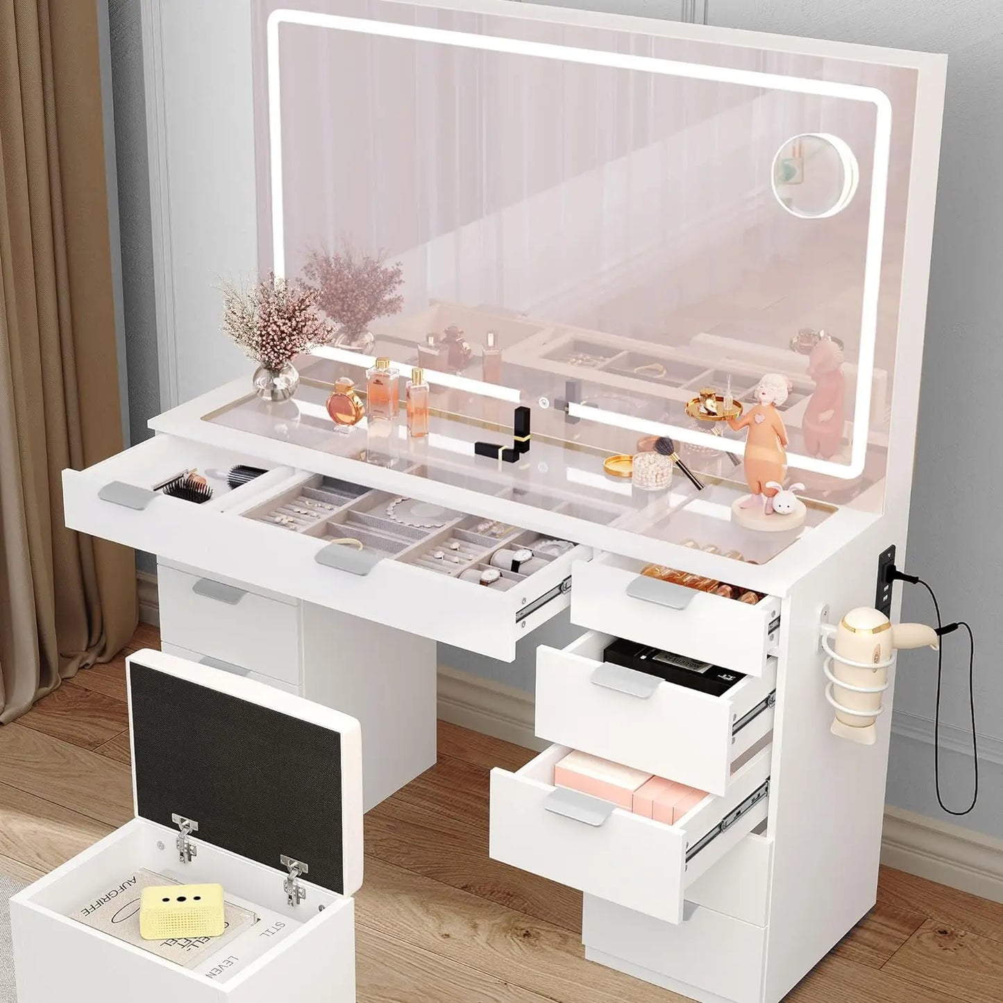 Vanity Desk Set with LED Lighted Mirror Glass Tabletop 11 Drawers Power Strip Hair Dryer Rack and Storage Stool for Bedroom