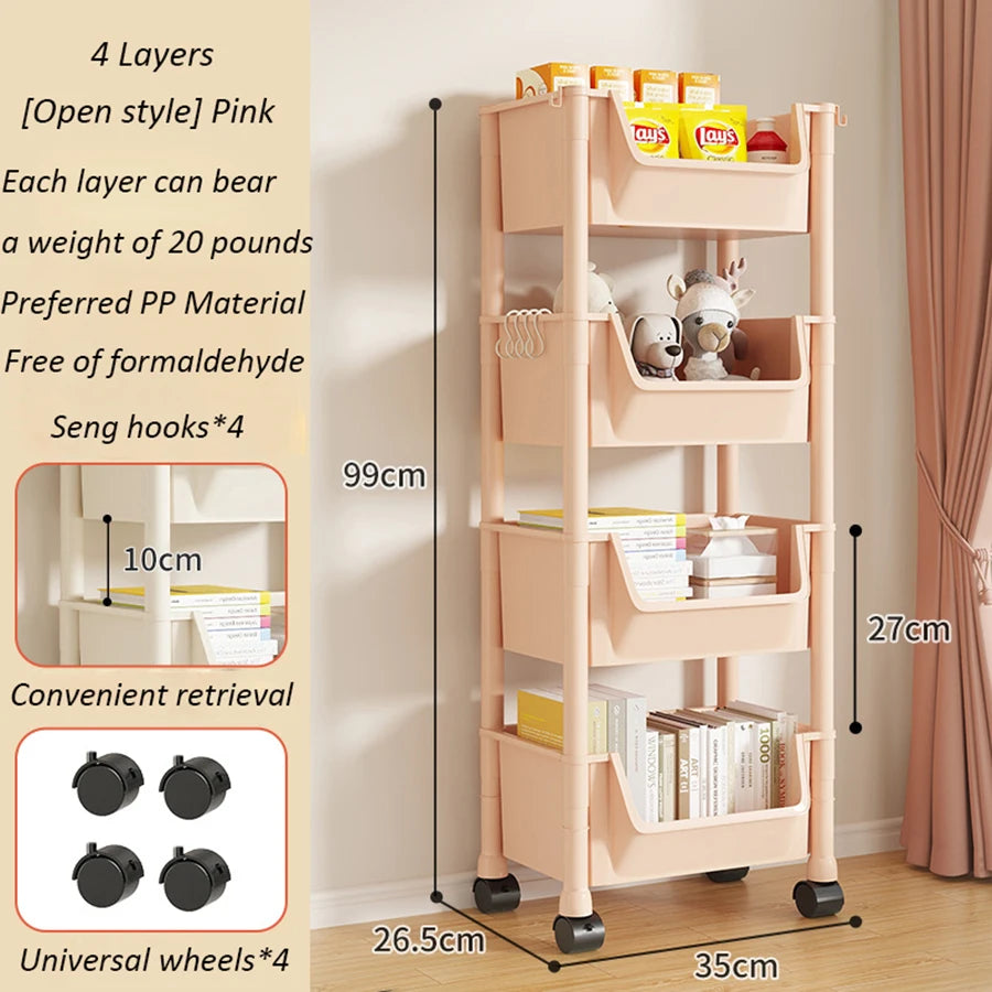 Rolling bookshelf on wheels, multi-tiered storage shelf.