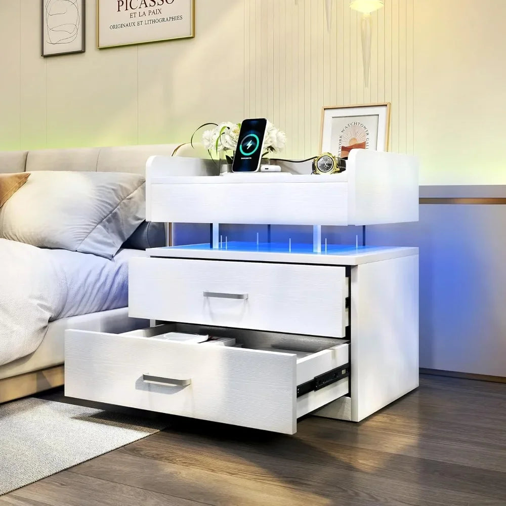 LED Nightstand with Voice-Activated Mode, Acrylic Float Nightstand with Charging Station, Side Table End Table with 2 Drawers